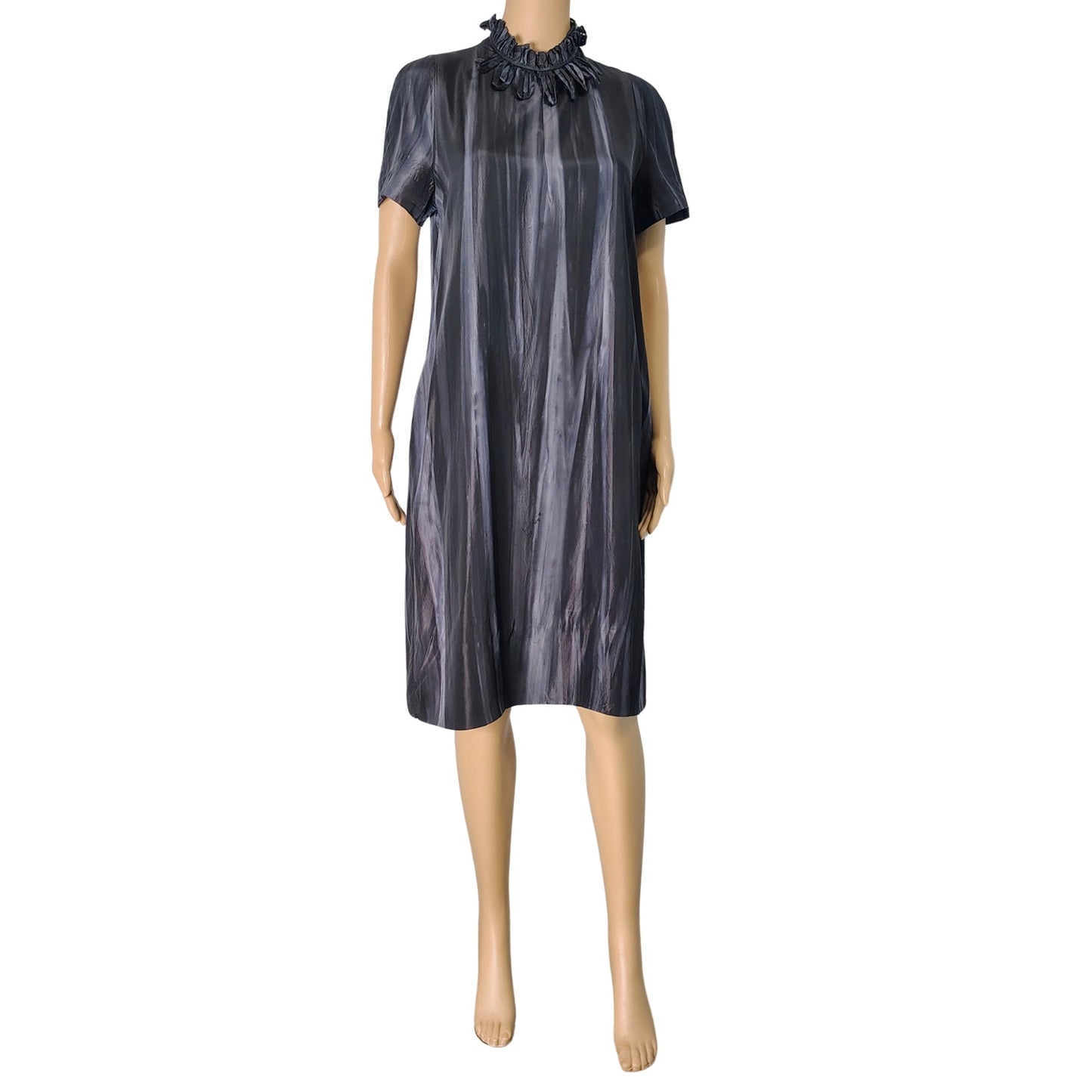 Silk Black Gray Marni Midi High Neck A Line Sheath Dress Lined Size 8 US 44 IT