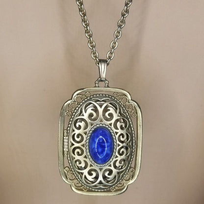 Avon Vintage Ornate Filigree Photo Yesteryear Locket Gold Blue Cabochon Necklace
