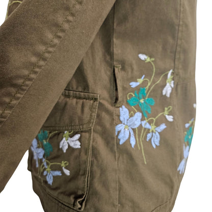 Olive Embroidered Floral Belted Zip Up Utility Standing Collar Jacket Size Medium