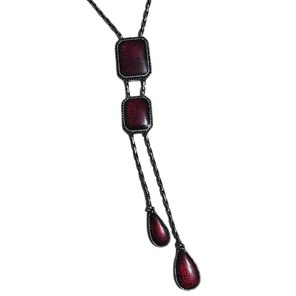 1980s Red Enamel Square Y Style Tear Drop Dangling Statement Silver Necklace