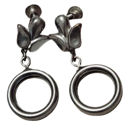 1950s Vintage Flower Dangling Loop Clip On Earrings Silver Tone Twist On Closure