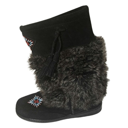 Minnetonka Mukluk Bead Detail Black Genuine Suede Leather Faux Fur Size 7 Womens
