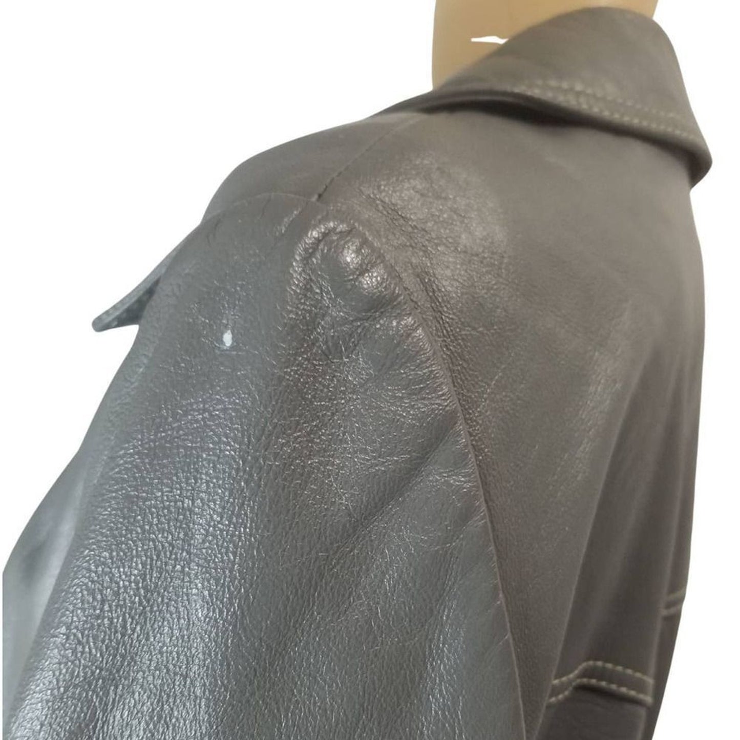1970s Gray Belted Long Leather Trench Coat Collar Big Pockets Size Med Vintage