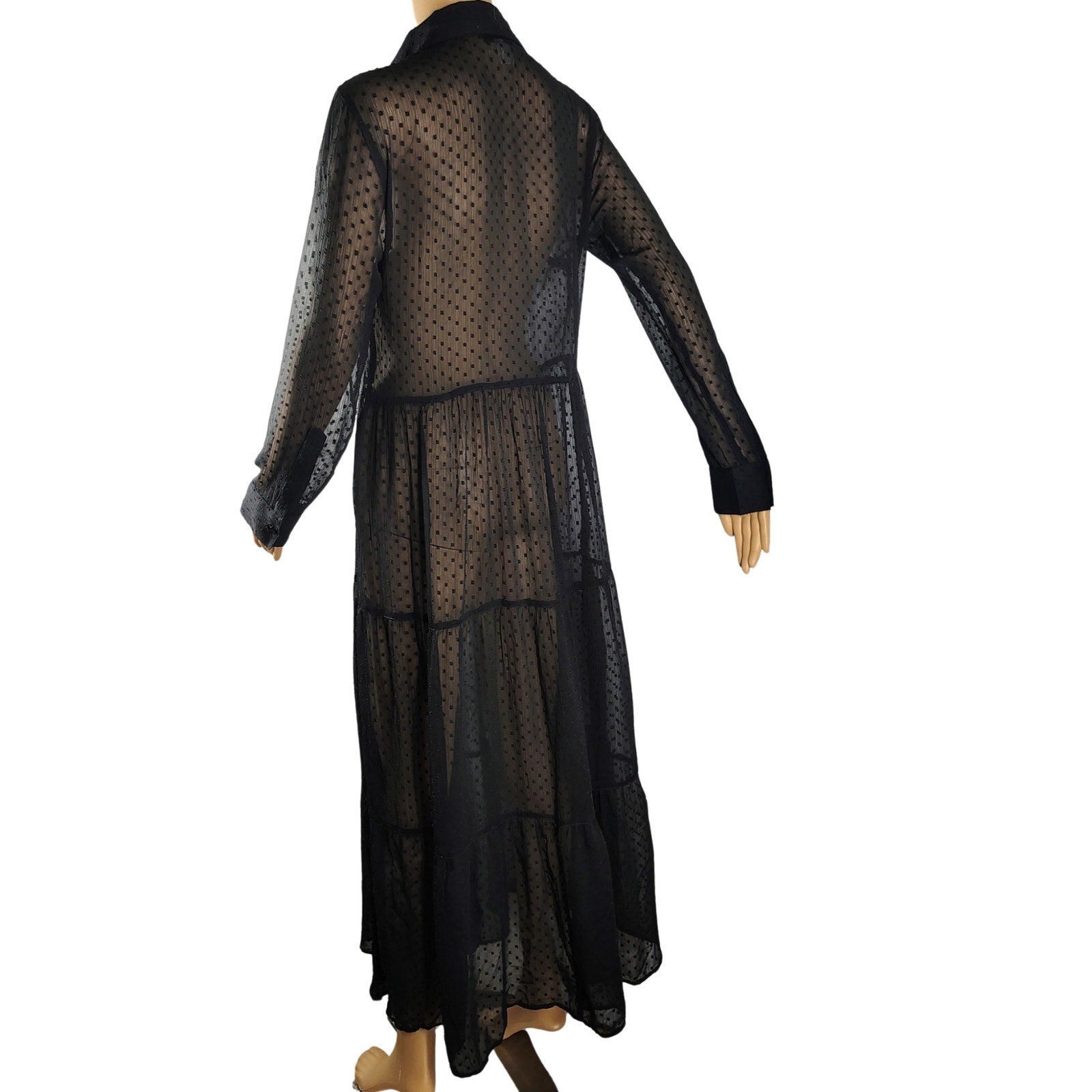 VENUS Black Sheer Polka Dots Button Up Flare Maxi Fold Down Collar Dress Size 8