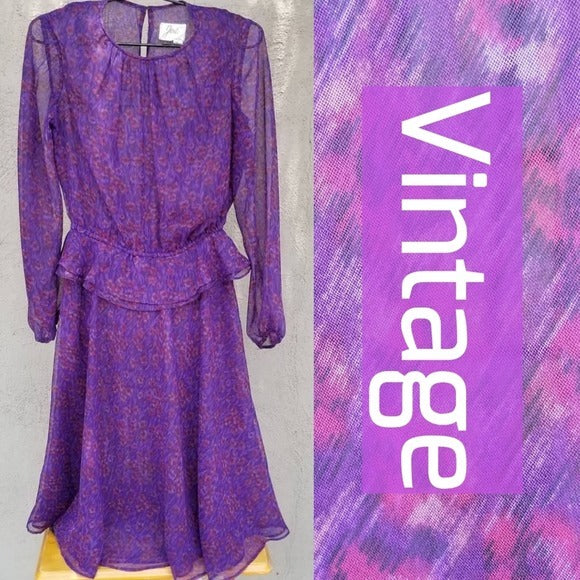 1970s Purple Sheer Leopard Print Peplum Midi Dress Long Sleeve Size 10 [Vintage]