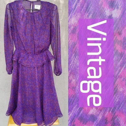 1970s Purple Sheer Leopard Print Peplum Midi Dress Long Sleeve Size 10 [Vintage]