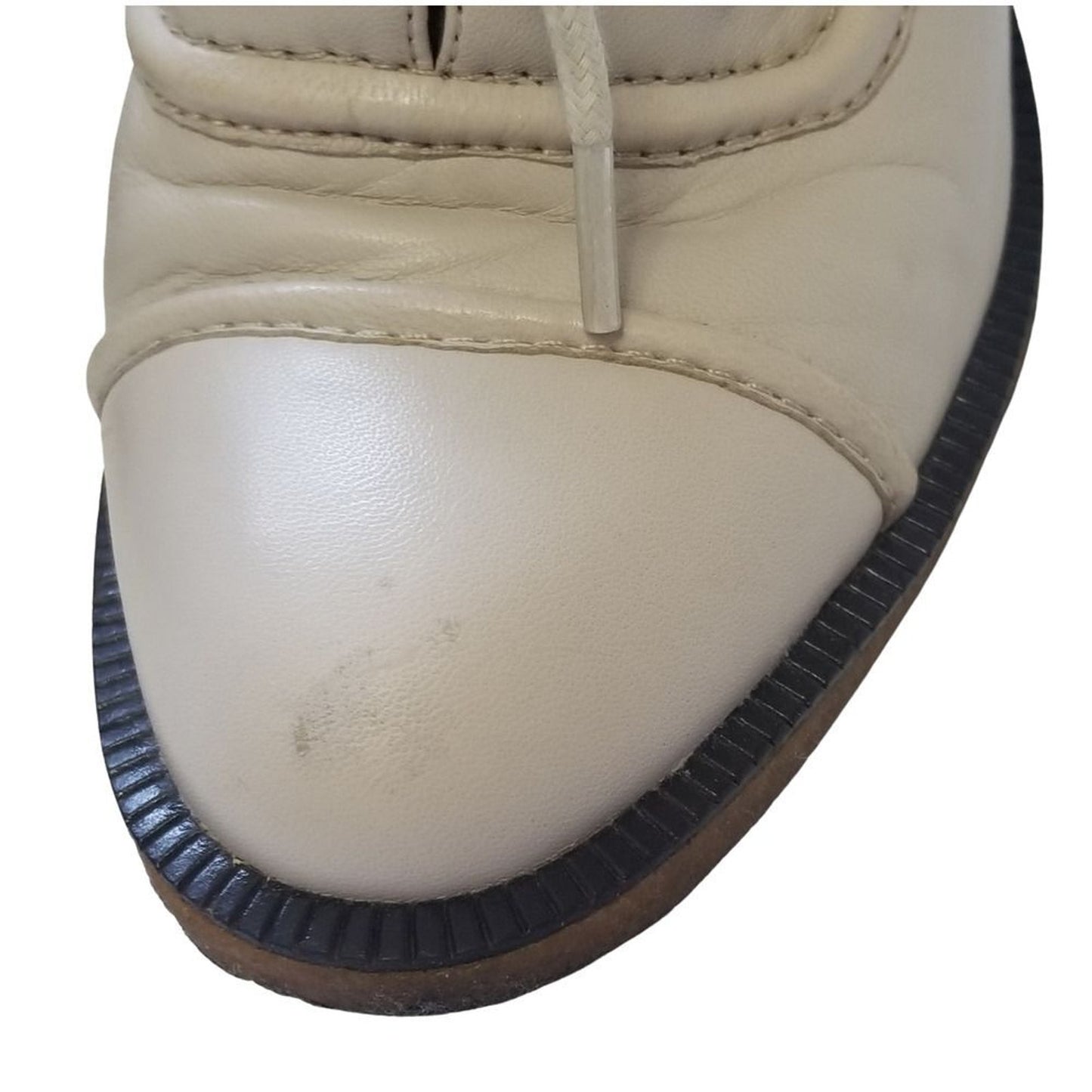 Cream Leather Platforms Booties Seam Detail Heels Round Heel Devani Size 8.5