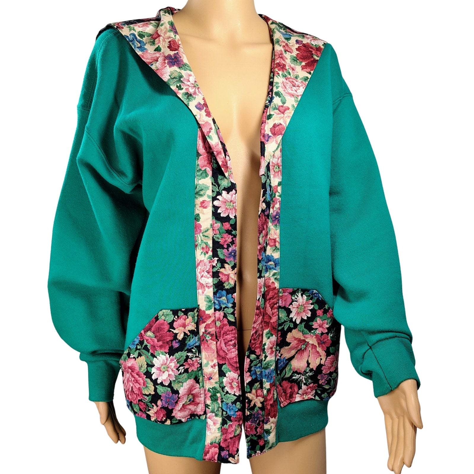 1990s Upcycled Floral Green Fleece Sweatshirt Open Front Cardigan Size XXL Women