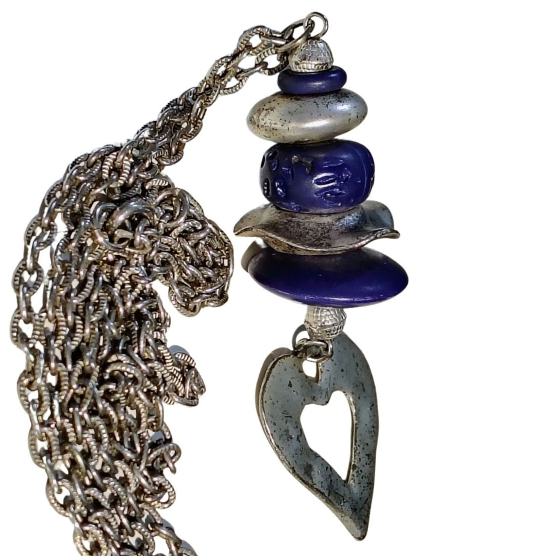 1980s Purple Stacked Beads Silver Tone Heart Long Chain Link Statement Necklace [Vintage]