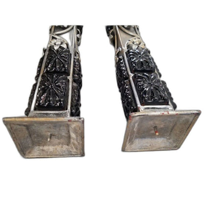 Vintage Heavy Candlesticks Black Ceramic Mixed Metals Flowers 15 In. Pair of Two