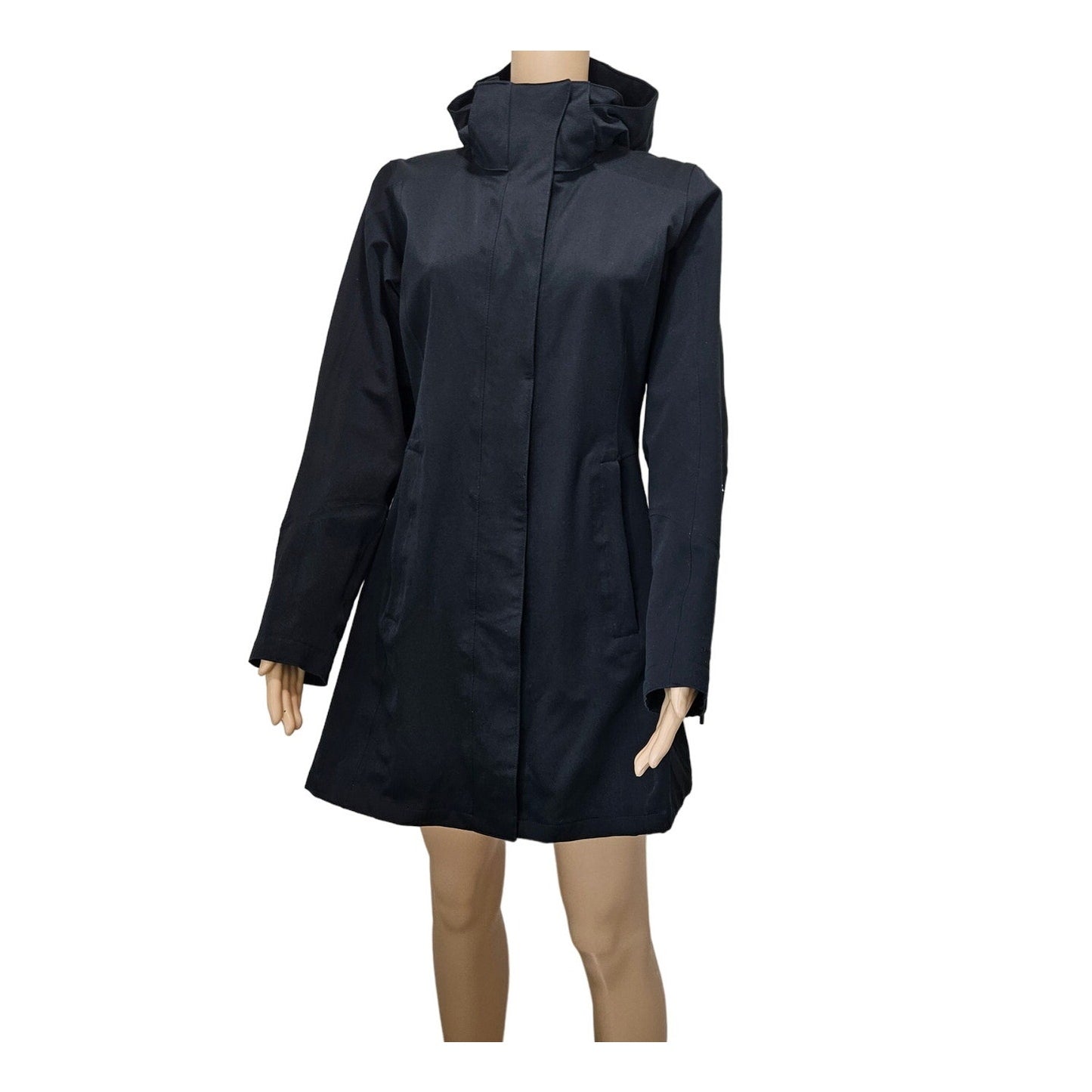 Patagonia Black Zip Up Long Winter Lined Jacket with Hoodie Size Small Womens