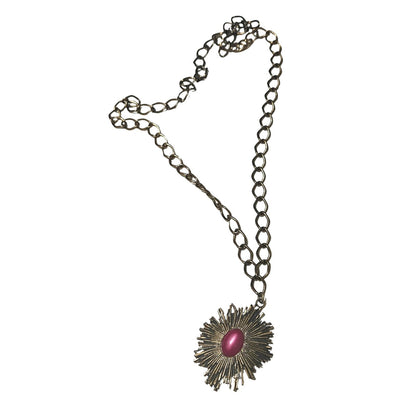1970s Sunburst Pendant Pink Cabachon Center Stone Large Linked Chain Necklace