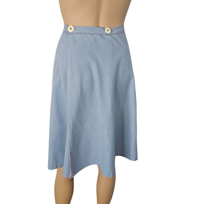 1970s Blue Red White Midi Wrap Skirt Plaid Accents Lining Hand Made Size XS [Vintage]