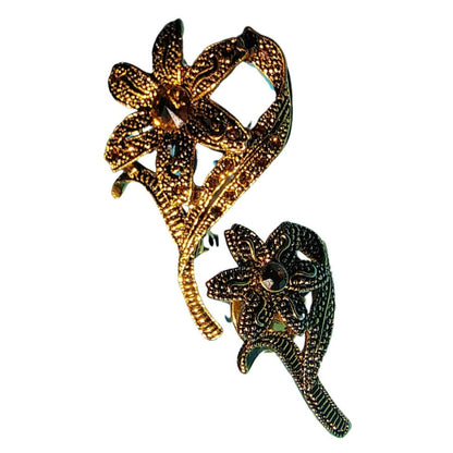 Vintage Set of Two Floral Brooch Flower Stem Pin Two Piece Set Topaz Bronze