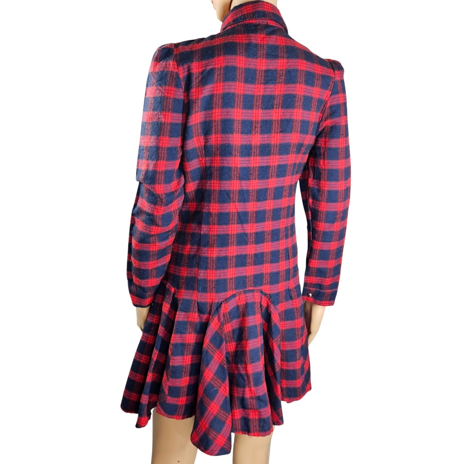 Red Blue Plaid Long Sleeve Button Up Shirt Mini Dress With Circle Skirt Size XS