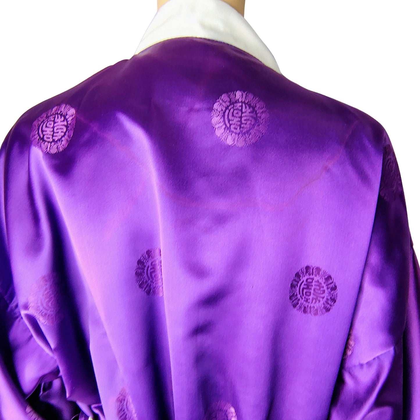 1980s Japanese Rich Royal Purple Kimono Embroidered Crane White Trim One Size [Vintage]