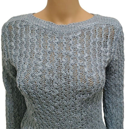 70s Vintage Blue Knit Wave Design Long Sleeve Boat Neck Fitted Sweater