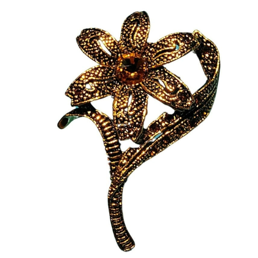 Vintage Set of Two Floral Brooch Flower Stem Pin Two Piece Set Topaz Bronze