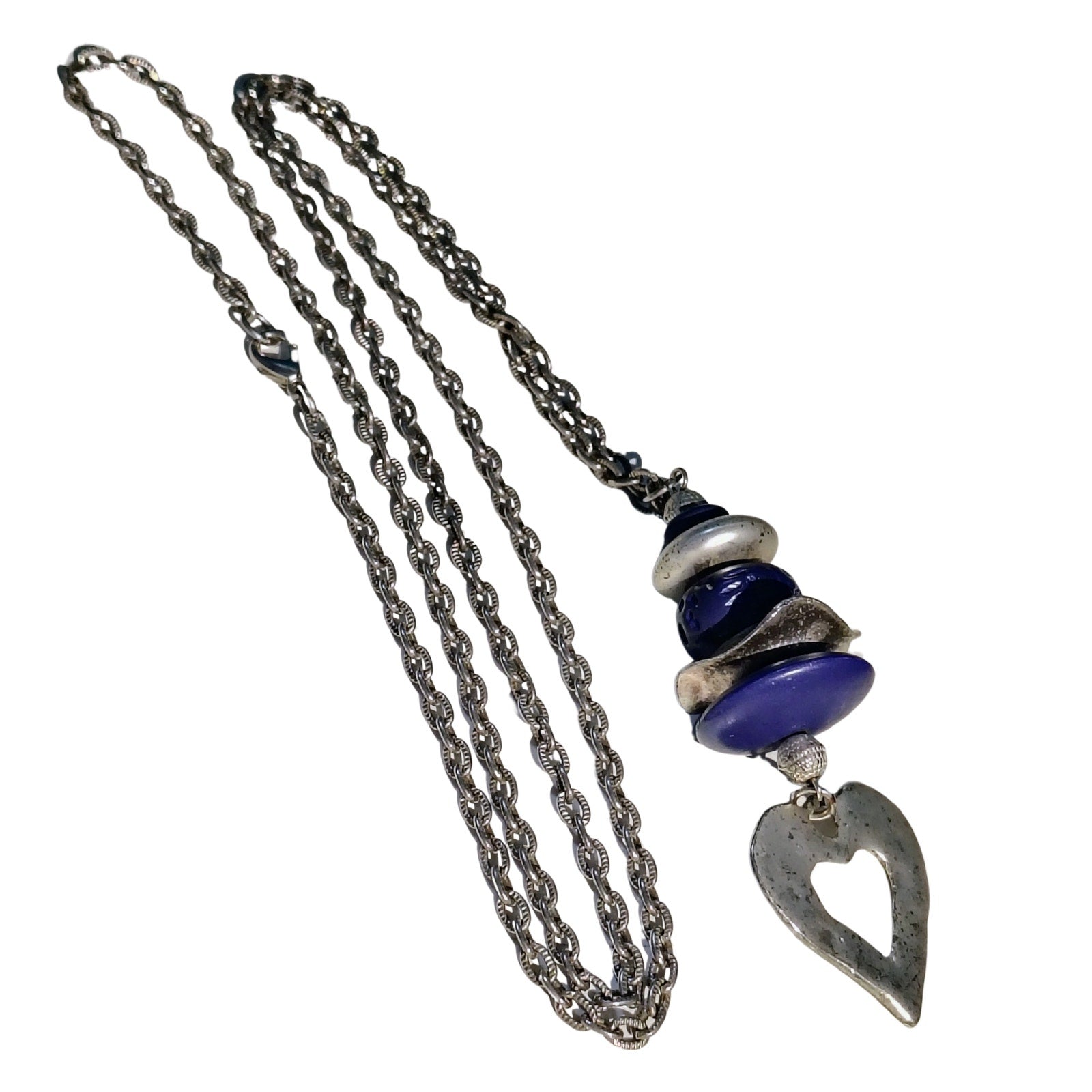 1980s Purple Stacked Beads Silver Tone Heart Long Chain Link Statement Necklace [Vintage]