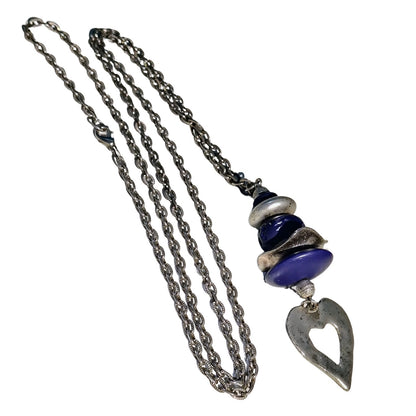 1980s Purple Stacked Beads Silver Tone Heart Long Chain Link Statement Necklace [Vintage]