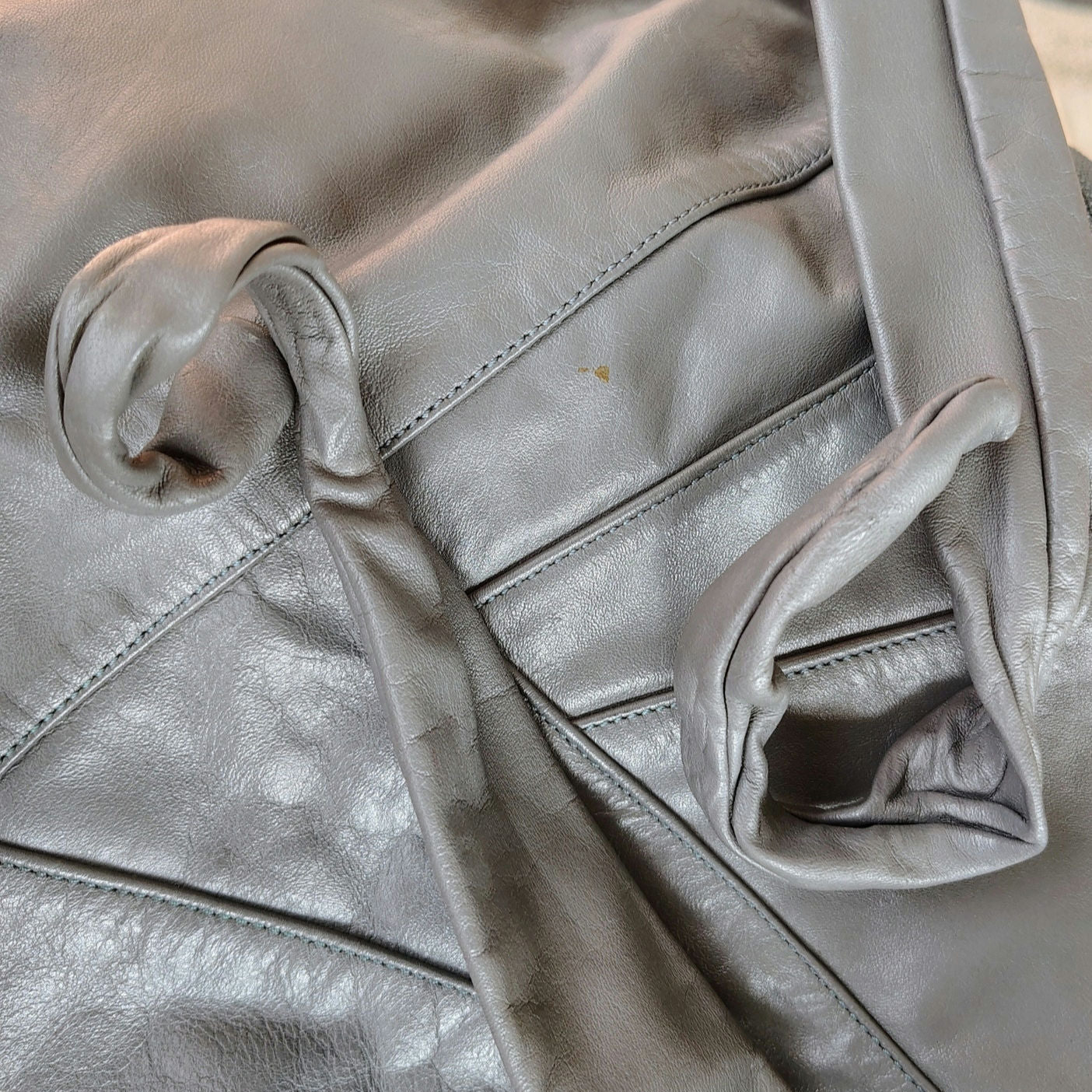 1980s Gray Leather Bohemian Boho Style Patchwork Crescent Bag Adjustable Strap [VINTAGE]