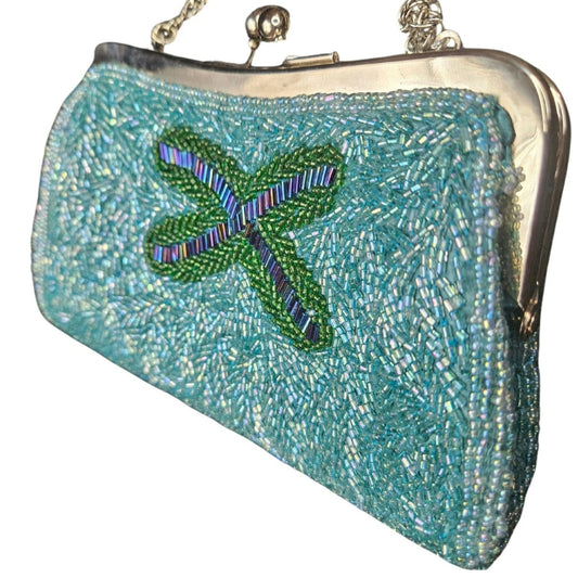 Blue Glass Beaded Butterfly Clutch Crossbody Convertible Bag Evening Formal Bags