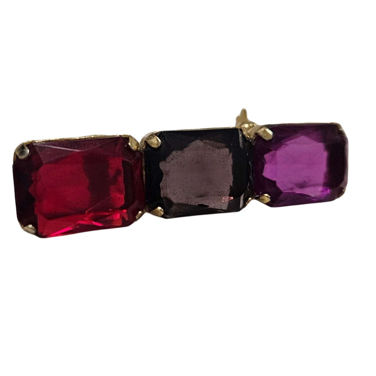 1980s Mod Red Purple Pink Brooch Geometric Rectangle Gold Trim C Clasp Closure