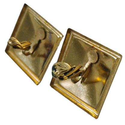 1980s Large Square Hot Pink Enamel on Gold Metal Flip Clasp Clip On Earrings