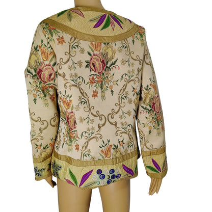Metallic Thread Custom Beige Quilt Patchwork Floral Kimono Embroidered Size Small