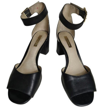 Louise et Cie Karisa Black Leather Ankle Strap Open Toe Block Heel Size 7M