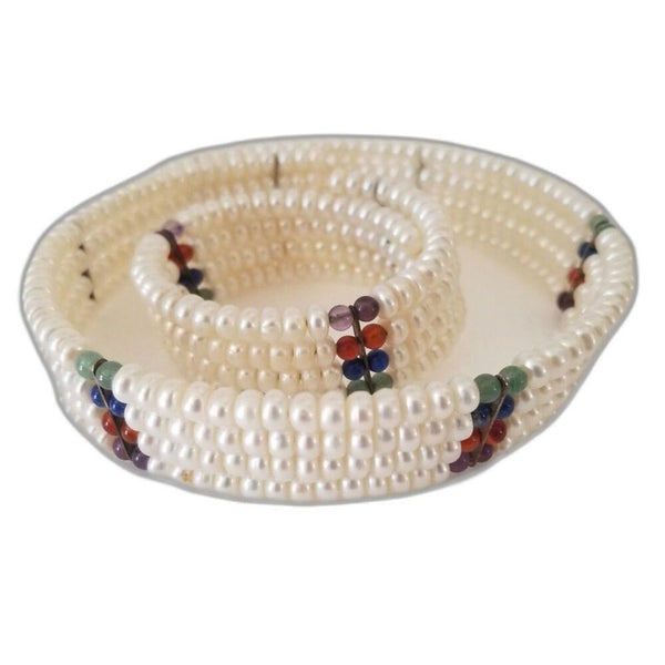 Bridal Set Vintage Pearl Gems Choker Four Strand Memory Wire Matching Bracelet