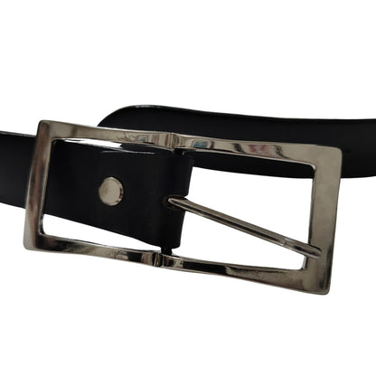 Italian Made Black Leather Belt Rectangular Silver Pull Through Buckle Size 32