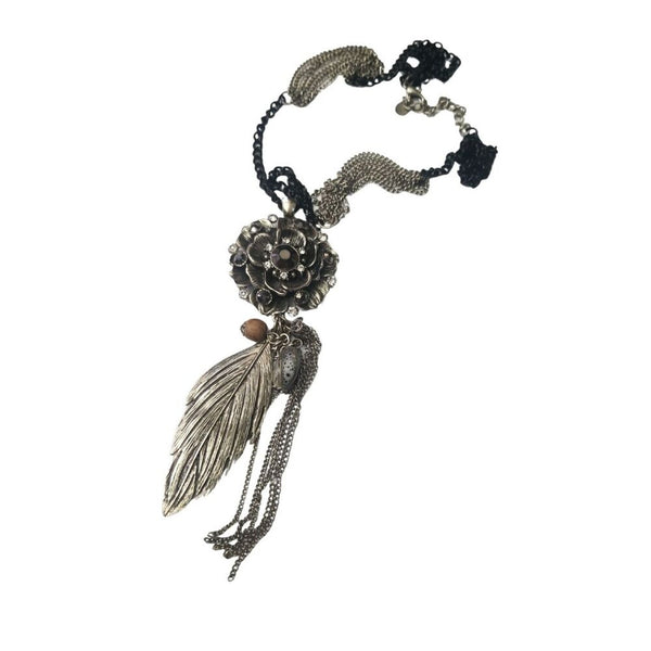 Napier Mixed Media Flower Leaf Crystal Stones Extra Long Chain Link Necklace