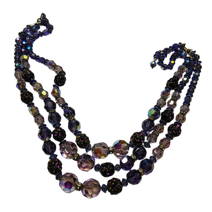 Vintage Beaded Purple Aurora Borealis Triple Strand Layered Statement Necklace