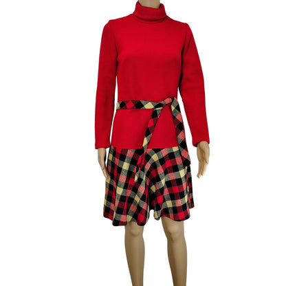 1960s Mod Wool Blend Drop Waist Plaid Skirt Dress Belted Long Sleeve Size 8 Regular [Vintage]