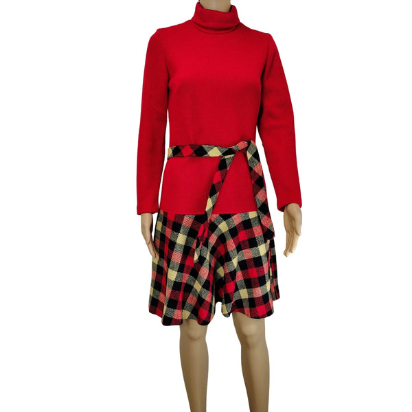 1960s Mod Wool Blend Drop Waist Plaid Skirt Dress Belted Long Sleeve Size 8 Regular [Vintage]