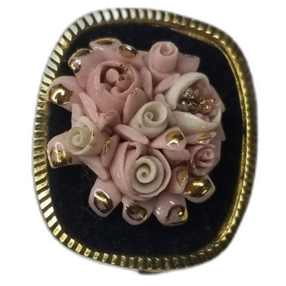 1980s Vintage Porcelain Roses Hand Painted Brooch Pin Porcelana Mercedes