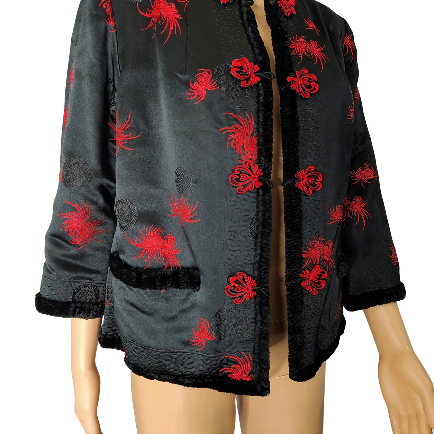 1970s Red Black Reversible Chinese Embroidered Fur Evening Jacket Size Small [Vintage]