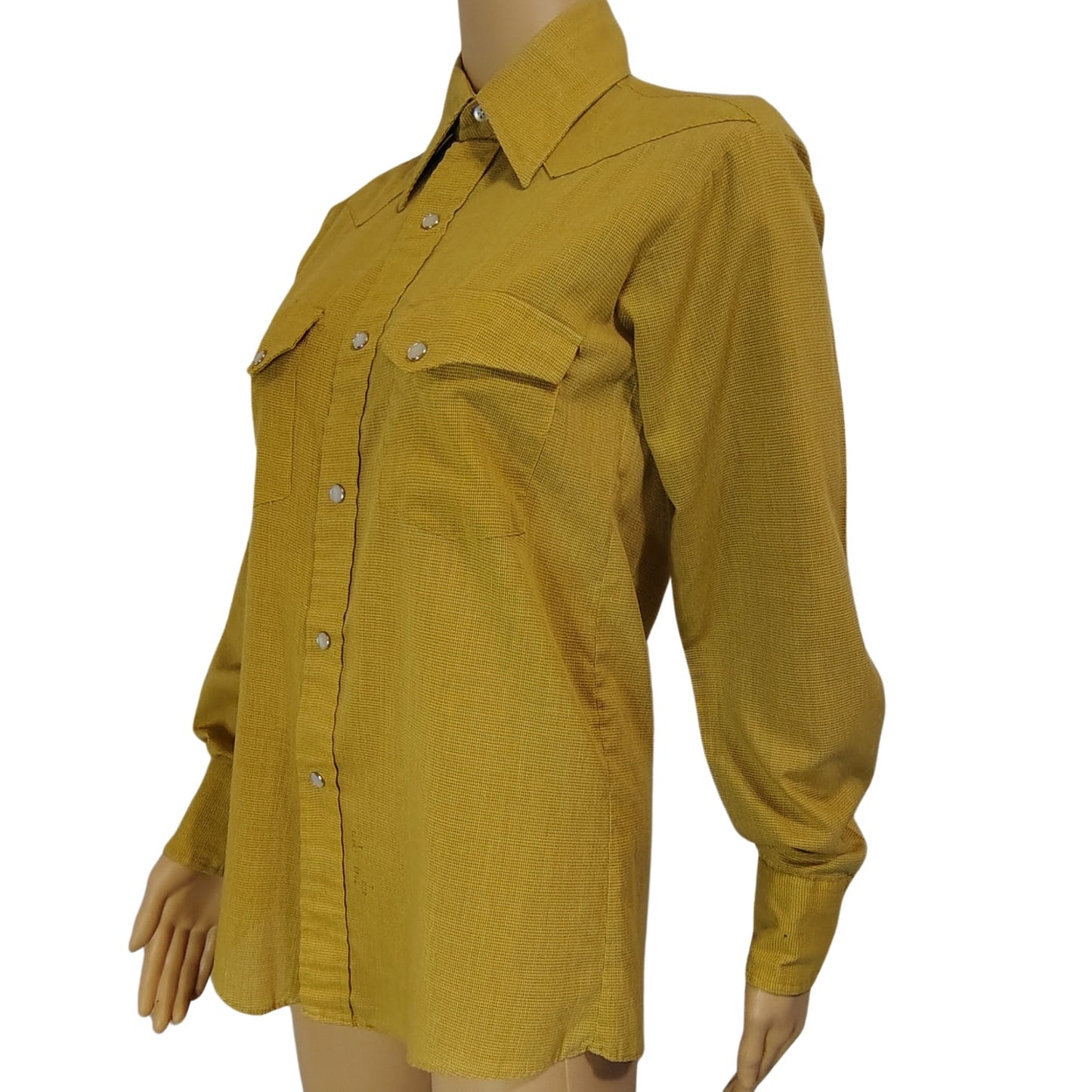 1970s Western Long Sleeve Collar Shirt Mustard Yellow Pearl Snap  Size Small [Vintage]
