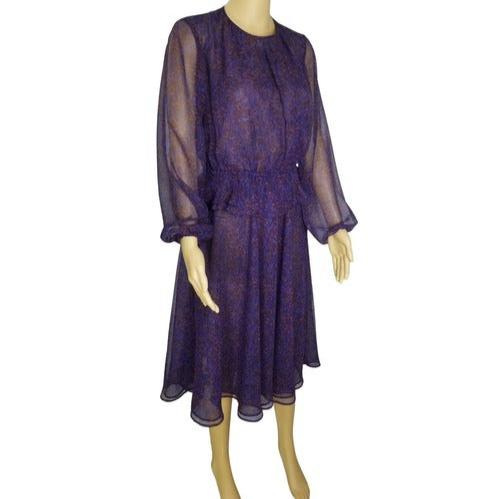 1970s Purple Sheer Leopard Print Peplum Midi Dress Long Sleeve Size 10 [Vintage]
