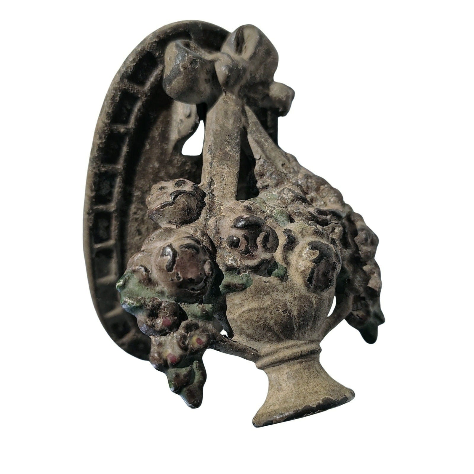 1920s Hubley Cast Iron Flower Basket Ribbon Door Knocker Cream [Antique]