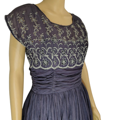 Free People Dark Purple Shirred Floral Embroidered Eyelet Dress Women's Size Small