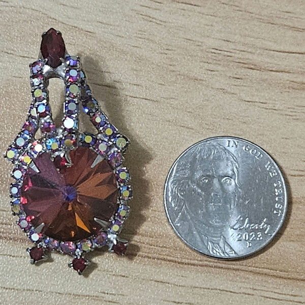 Vintage D & E Juliana Rivoli Red Aurora Borealis Stones Brooch Pin Pendant