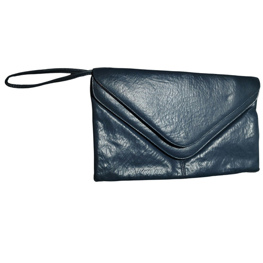 70s Maxi Clutch Blue Faux Leather Vegan Crinkle Leather Wristlet Two Compartment