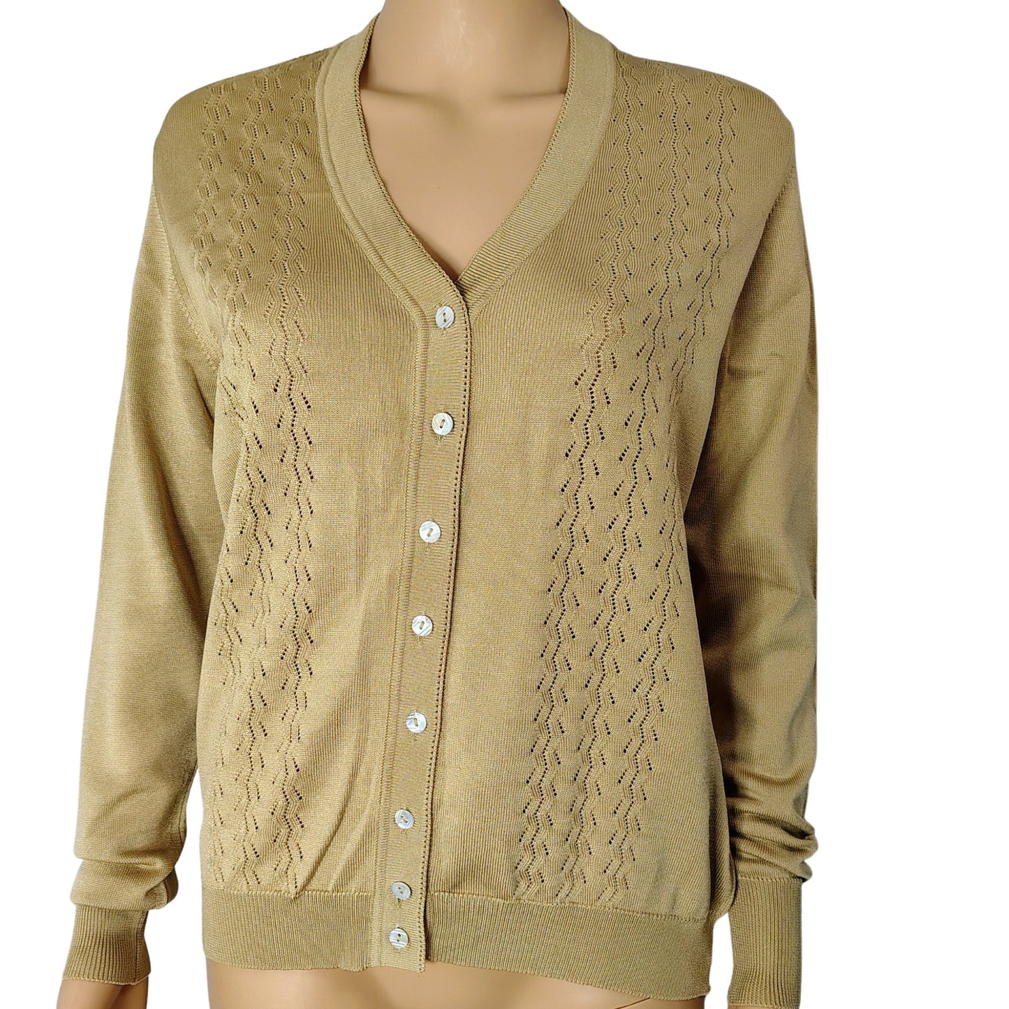 1970s Silan Eden Fil Brown Cardigan Sweater Mother of Pearl Buttons Size Small [Vintage]