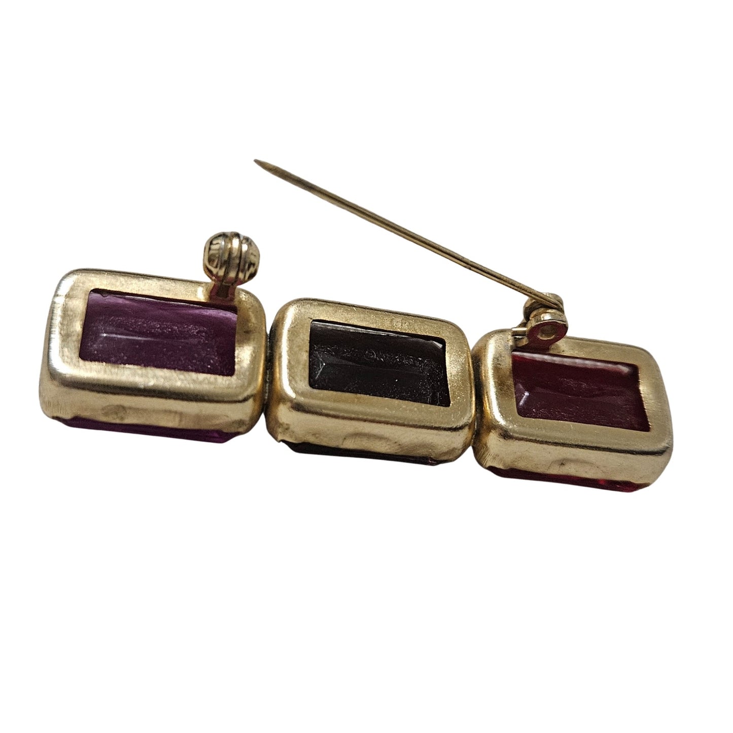 1980s Mod Red Purple Pink Brooch Geometric Rectangle Gold Trim C Clasp Closure