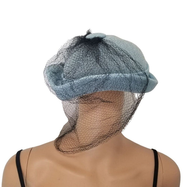 1940s Pointed Blue Hat with Long Black Veil Turned Up Brim Size 7 1/2 [VINTAGE]