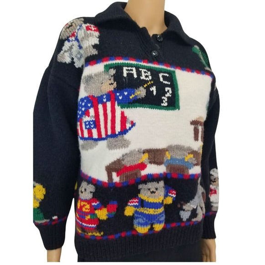 Hand Knit Pure Wool Pullover Collar Sweater Teddy Bear Motif Medium [VINTAGE]