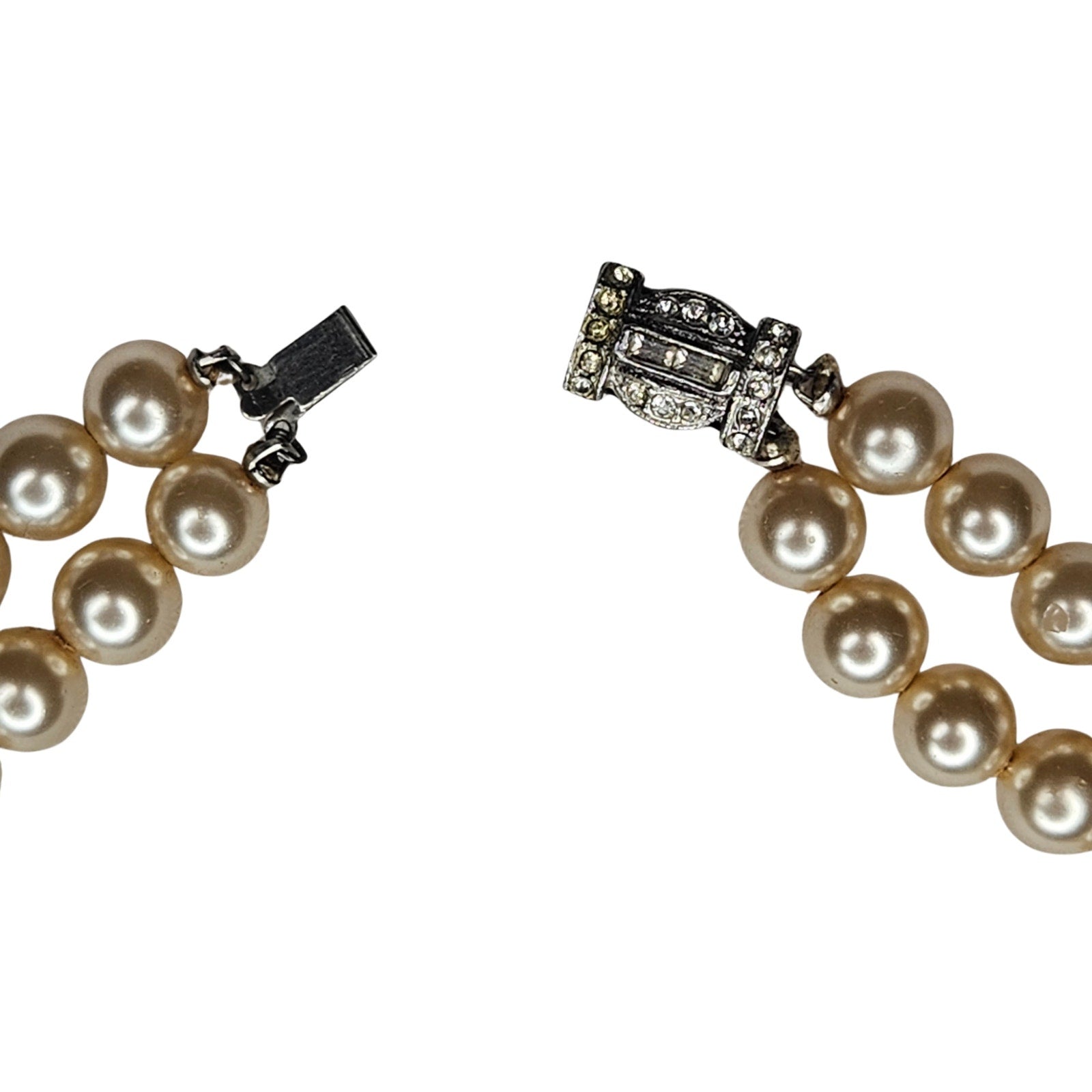 1950s Champagne Color Double Strand Faux Pearl Choker Necklace Gemstone Closure [Vintage]