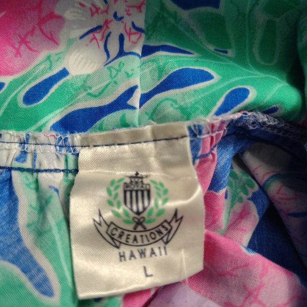 1970s Blue Hawaiian Pink Floral Pullover Caftan House Dress Cap Sleeves Wide Loose Fit [Vintage]